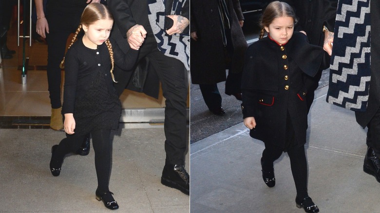 Split image of Harper Beckham wearing all-black outfit caped coat