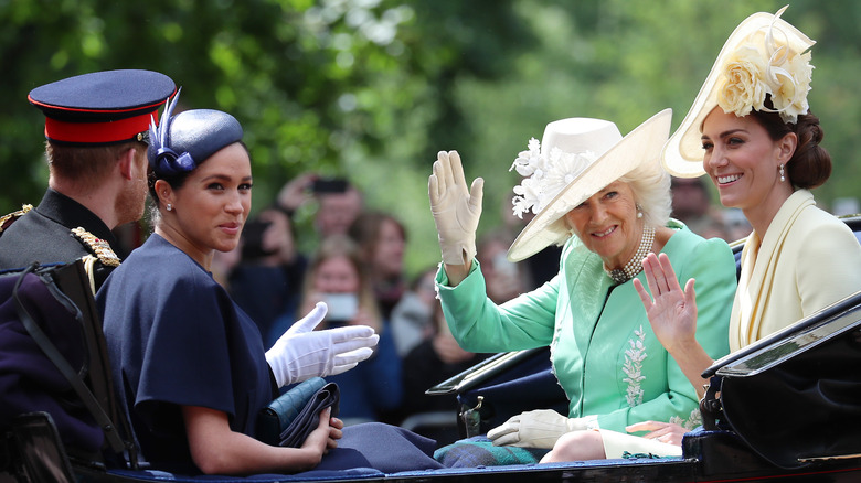 Prince Harry, Meghan Markle, Camilla, and Kate Middleton sit in carriage together