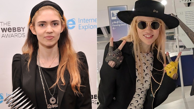 Side by side photos of Grimes in 2013 and 2025, with identical noses