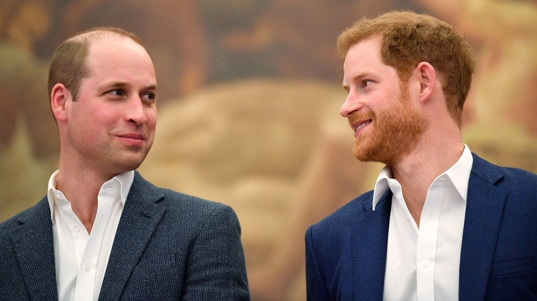 Prince William and Prince Harry smiling at each other at an event