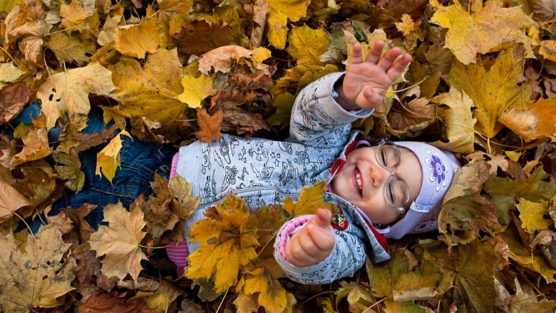 happy toddler in fall leaves