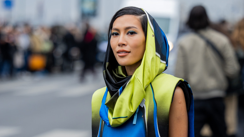 Woman wearing colorful headscarf