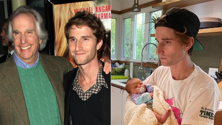 Split image of Henry and Max Winkler posing and Max Winkler holding his baby