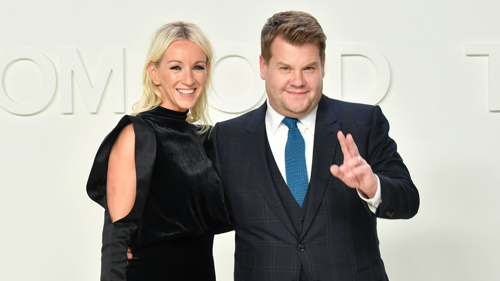 James Corden poses with wife Julia Carey.