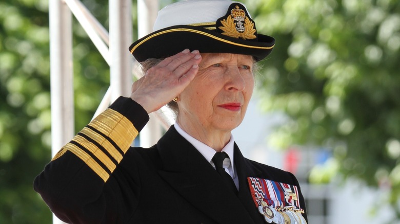 Princess Anne saluting in uniform