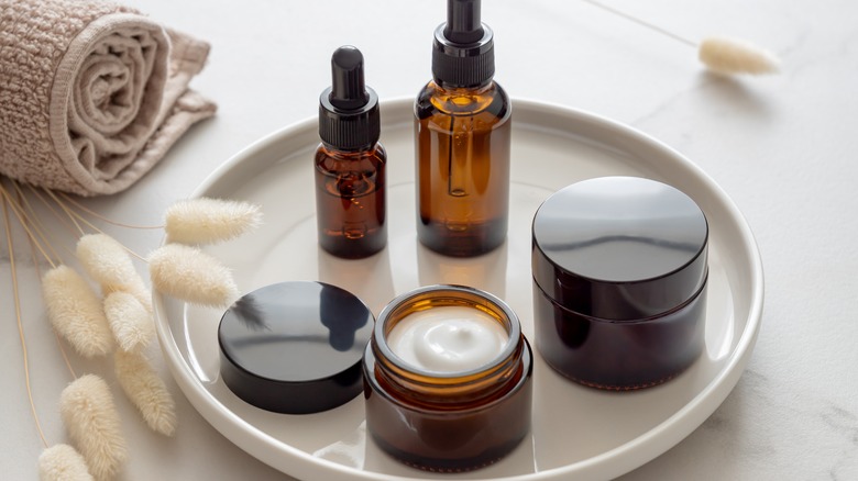 Skincare products on a tray