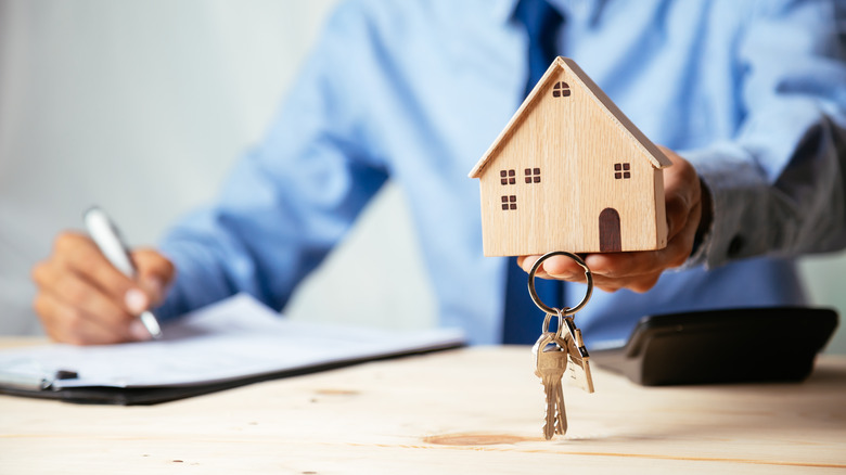 person holding small wooden house