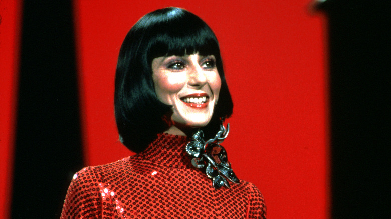 Cher performing in red