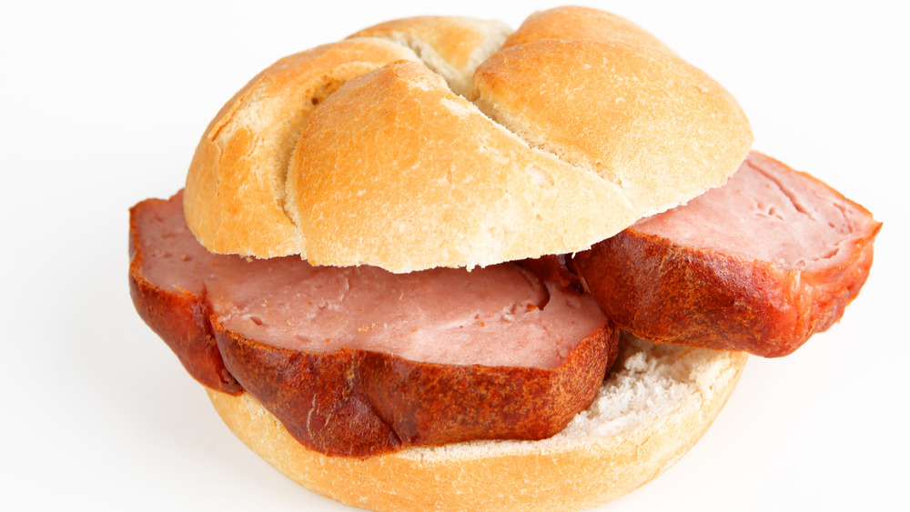 Meatloaf sandwich on white background