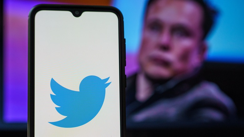 Twitter symbol on a phone with elon musk in the background