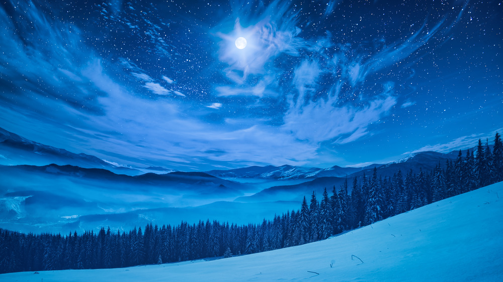 Full moon over snowy mountains and pine trees 