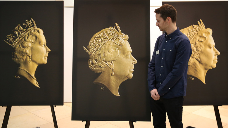 Three versions of Queen Elizabeth's face on coins