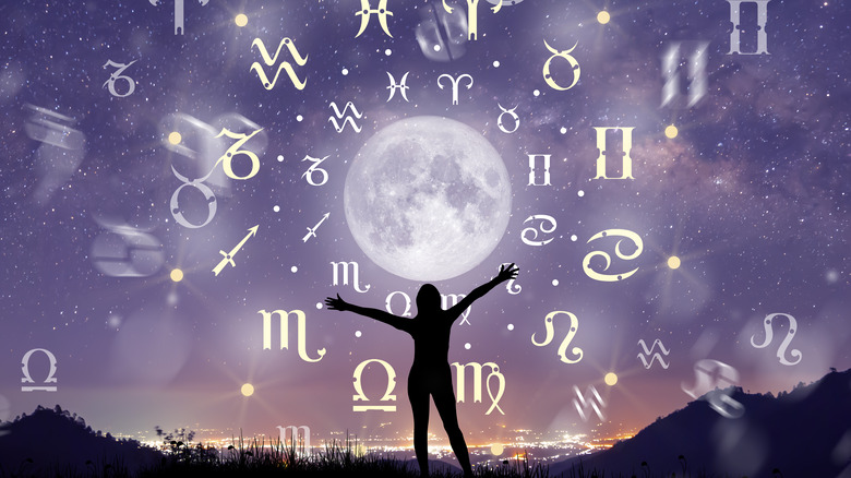 A full moon with astrology symbols around it