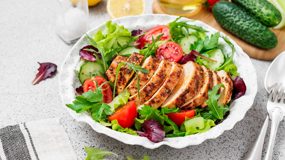 Plated grilled chicken salad