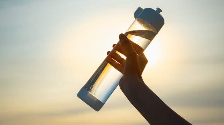 Person holding water bottle against sky background