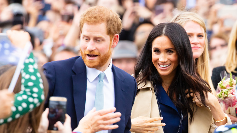 Prince Harry and Meghan Markle with crowds