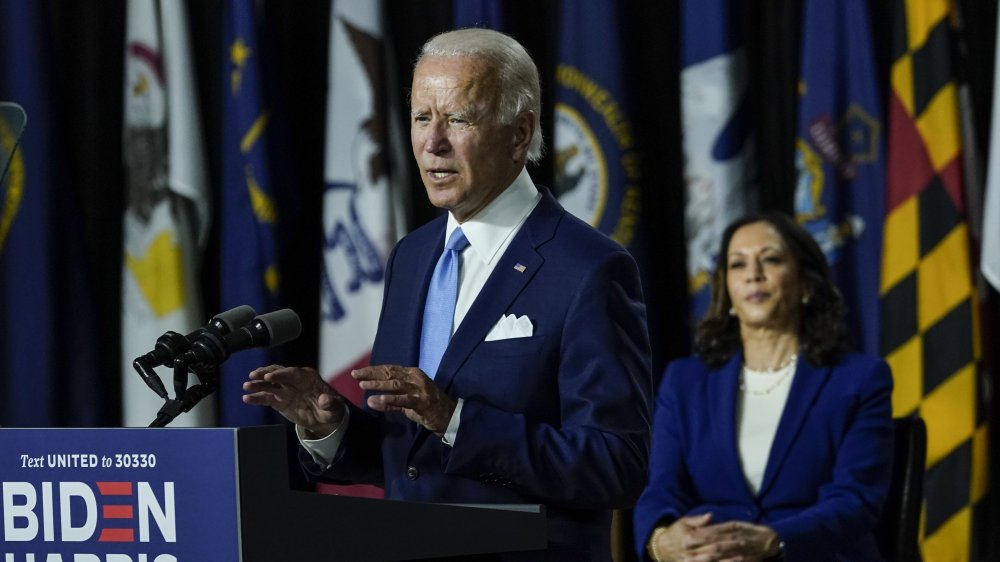 Joe Biden and Kamala Harris podium campaign event