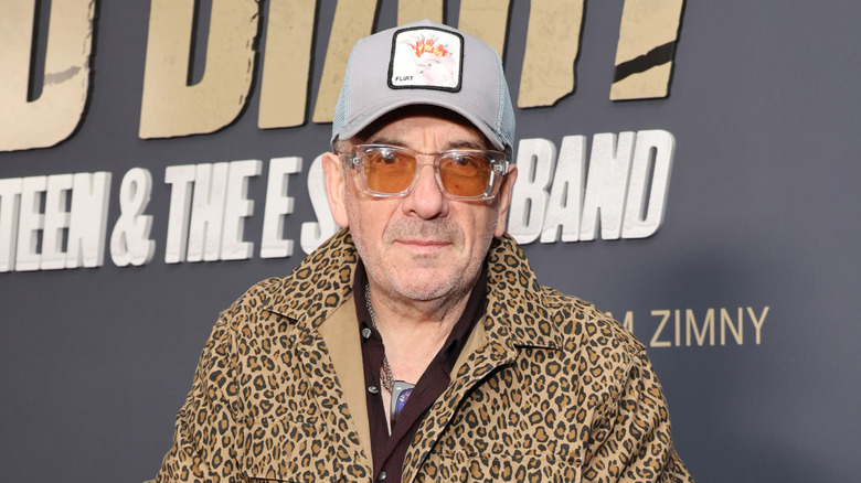 Elvis Costello wearing glasses at a premiere