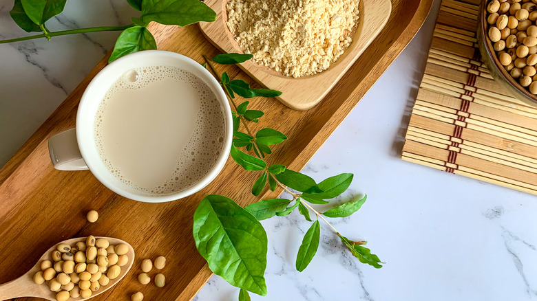 Soy protein powder next to a glass of soy milk