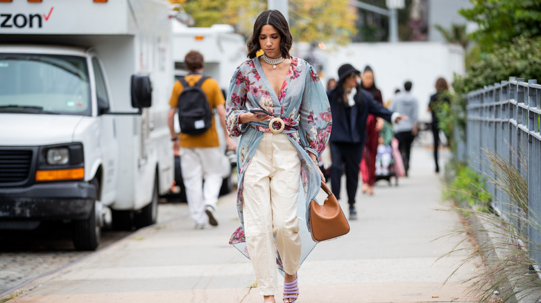 Woman walking wearing kimono