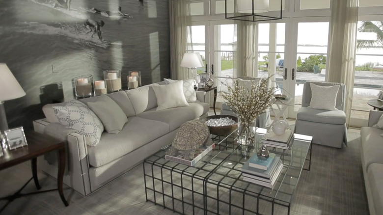 Interior of living room with water views outside