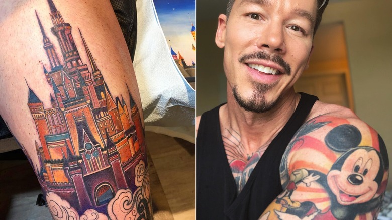 Left: Cinderella castle leg tattoo, Right: David Bromstad smiling, Mickey Mouse tattoo on arm visible