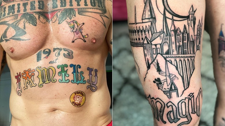 Left: David Bromstad's torso tattoos, Right: Harry Potter castle thigh tattoo