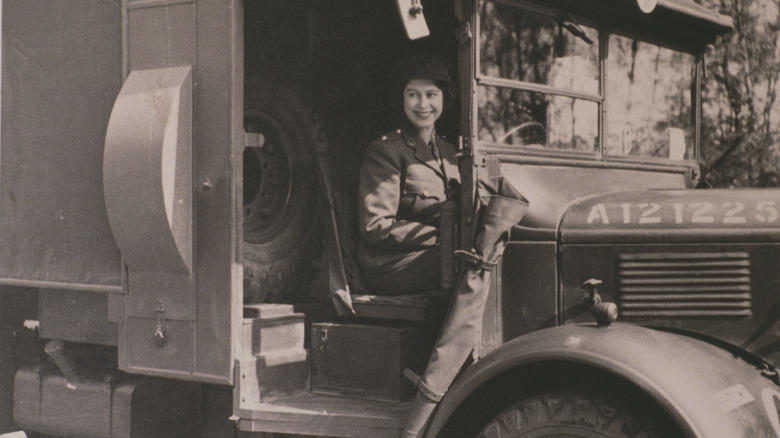 Queen Elizabeth driving an ambulance