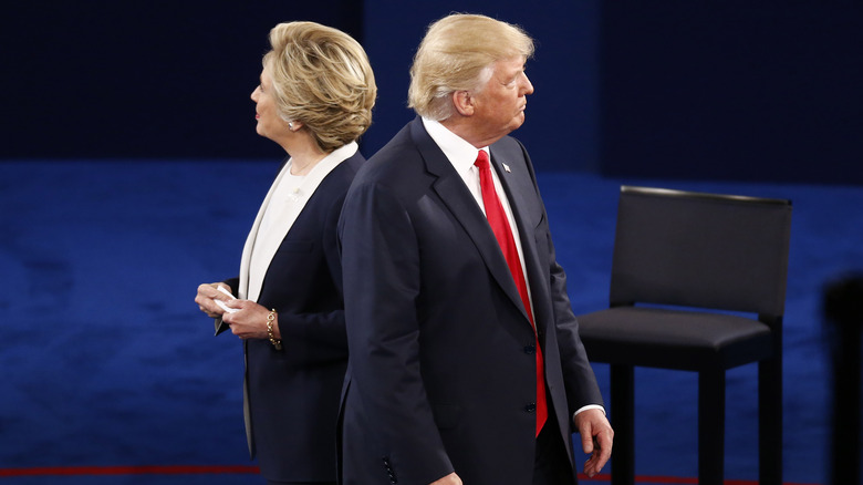 Hillary Clinton and Donald Trump on stage during a debate