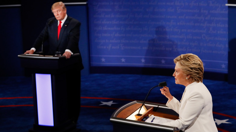 Donald Trump and Hillary Clinton at a 2016 presidential debate 