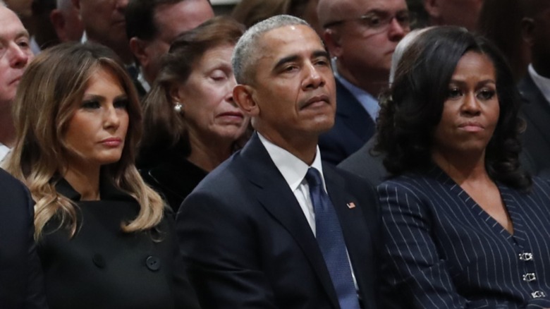 Melania Trump, Barack Obama, Michelle Obama sitting together