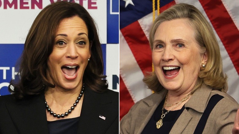 Split image of Kamala Harris and Hillary Clinton take the stage at a "Get Out the Vote" event