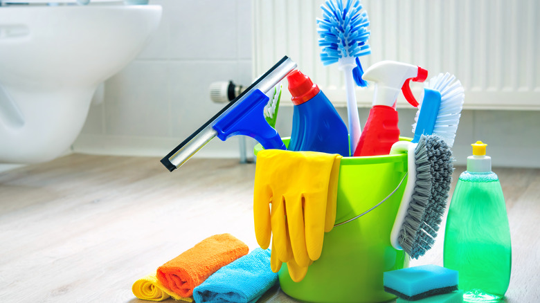 Bucket of cleaning supplies