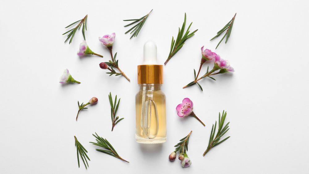 A small bottle of tea tree oil surrounded by flowers 