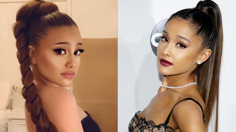 Side-by-side of Paige Niemann (left) and Ariana Grande (right)