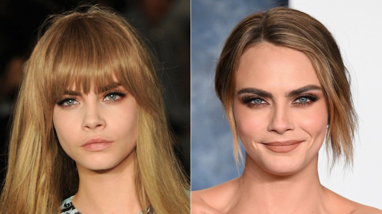 Cara Delevingne with and without bangs