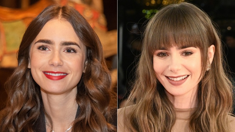 Lily Collins with and without bangs