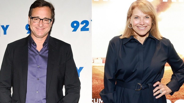 Bob Saget smiling, Katie Couric with hand on hip