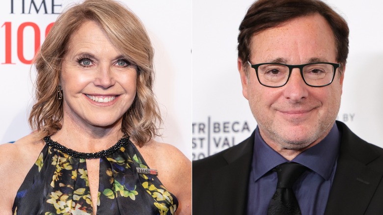 Katie Couric smiling, Bob Saget smirking 