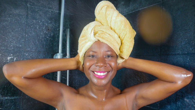 Woman smiling after cold shower