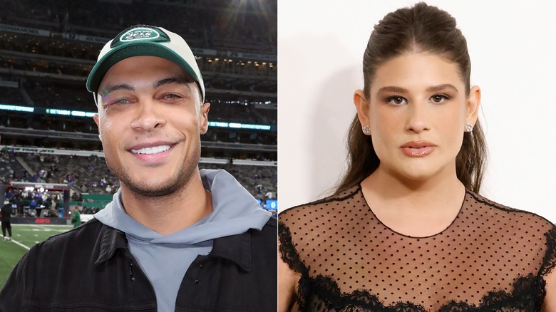 Dale Moss smiling in Jets hat & Remi Bader smiling in black sheer dress