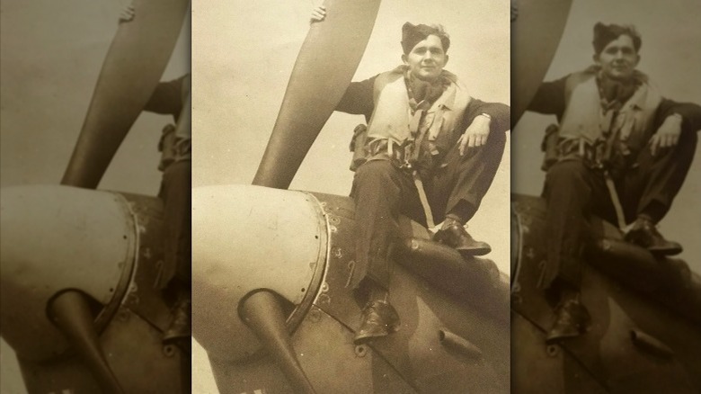 Dan Feuerriegel's grandfather atop his Spitfire fighter plane