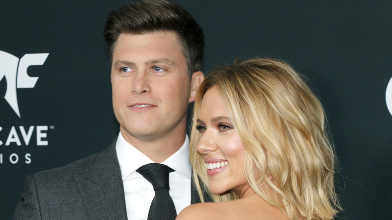 Colin Jost and Scarlett Johansson at premiere