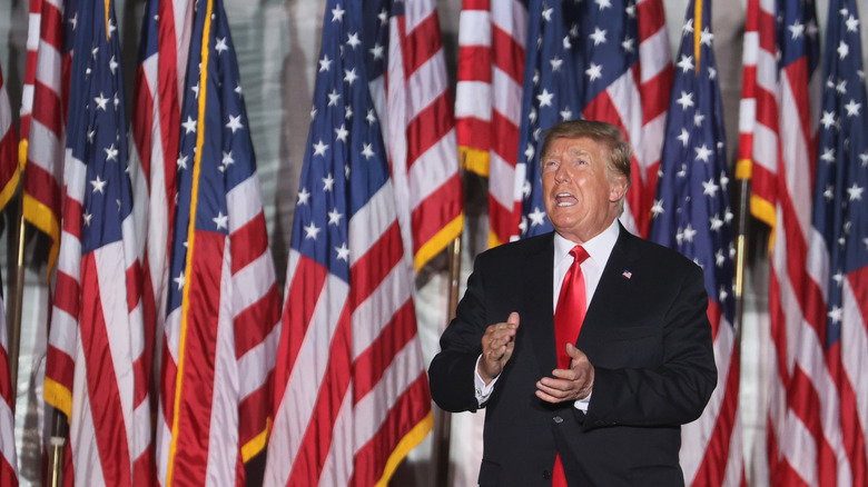 Donald Trump arrives for a rally at the Iowa State Fairgrounds