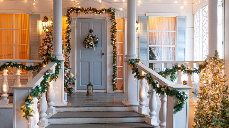 Front porch decorated for Christmas