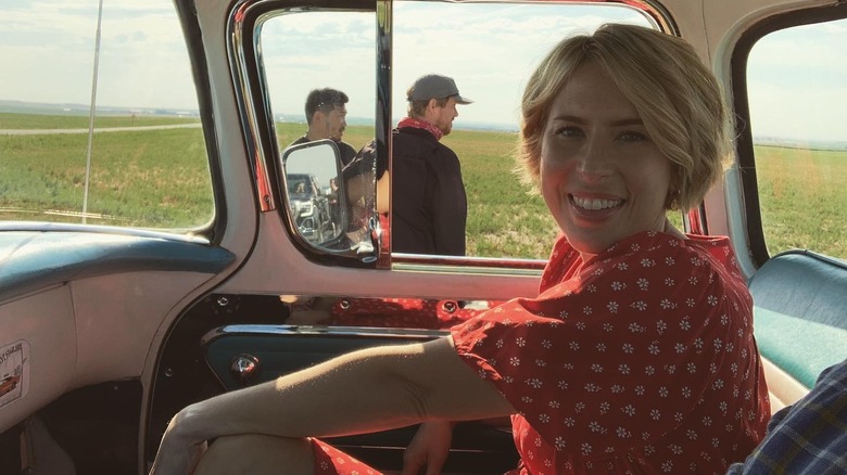 Erin Napier sits inside a truck 