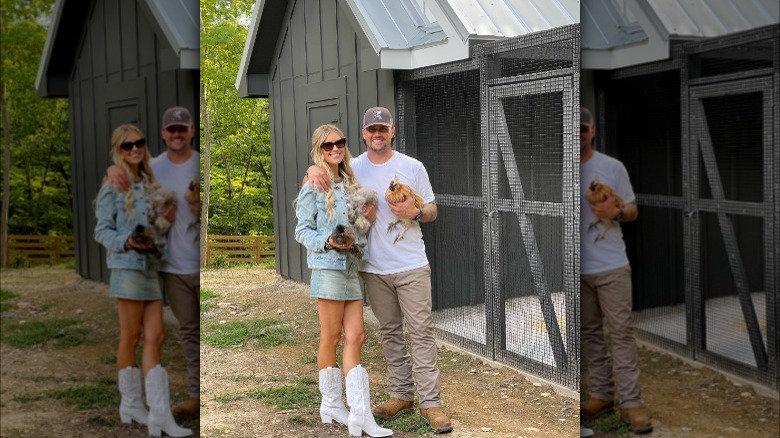 Christina and Josh Hall holding chickens 