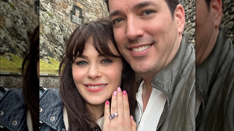 Zooey Deschanel and Jonathan Scott pose after engagement in Edingburgh Castle