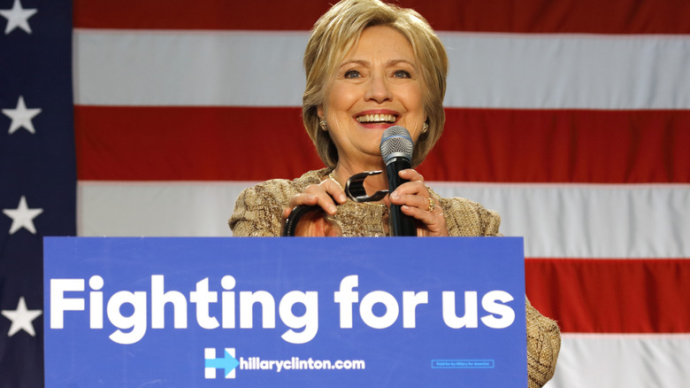 Democratic Presidential candidate Hillary Clinton smiles while campaigning