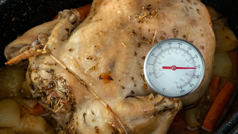 Meat thermometer in roast chciken